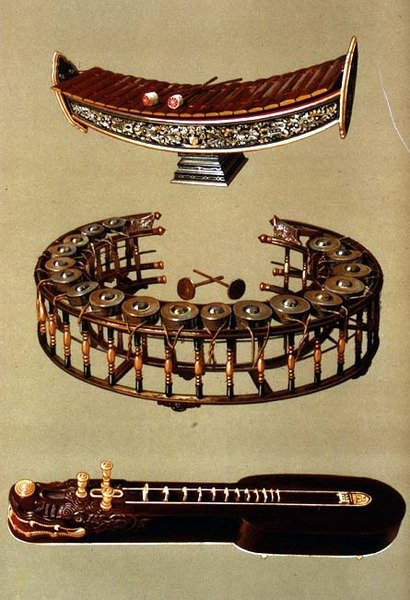 (TtoB) En Ranat ek, en Khong wong yai og en Ta'khay, thailandske instrumenter fra 'Musical Instruments' (farget lito) av Alfred James Hipkins