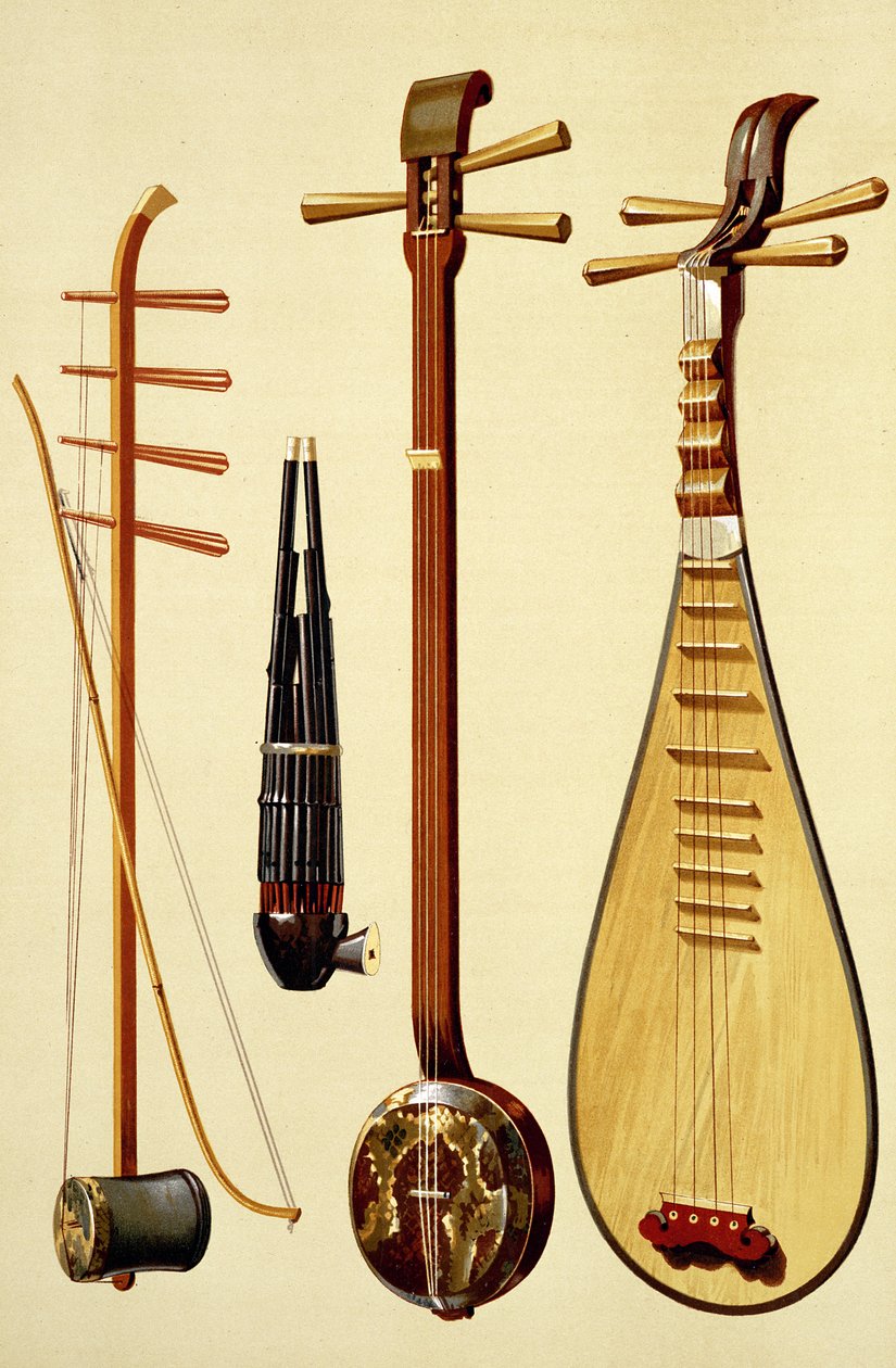 En huqin og bue, en sheng, en sanxian og en pipa, kinesiske instrumenter fra 
