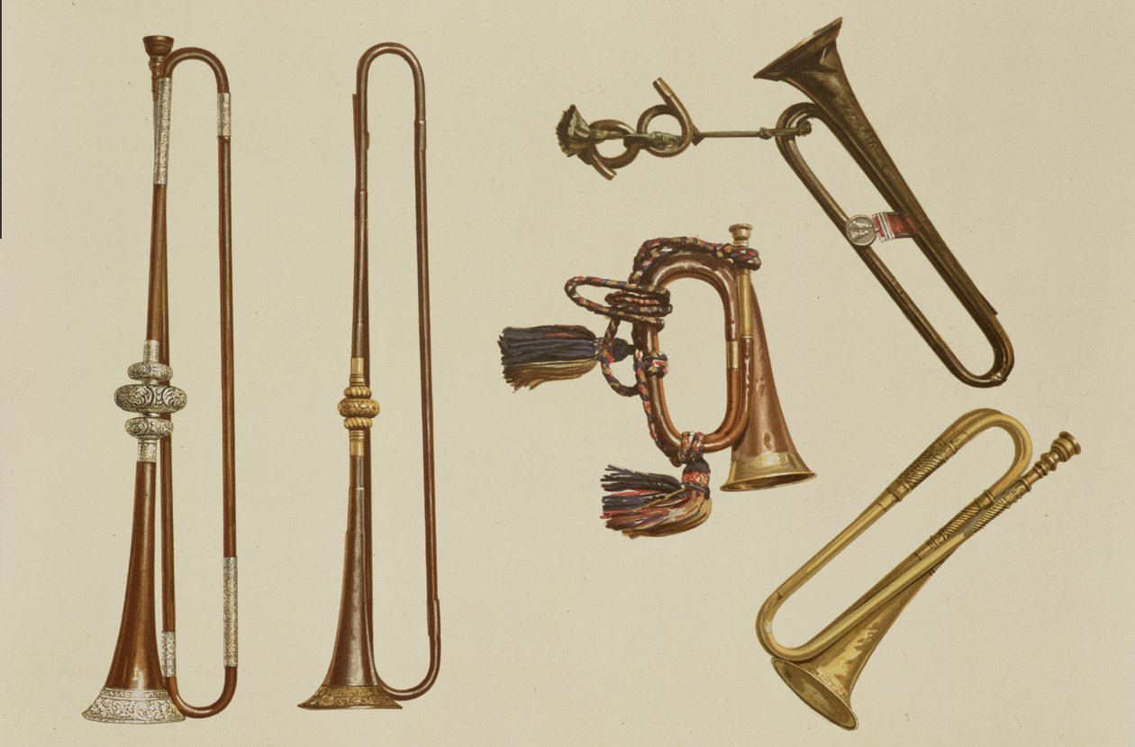 Kavaleritrompet, en bugle, en forgylt trompet laget av John Harris ca. 1730, en trompet og en sølvmontert trompet av William Ball ca. 1680, fra 