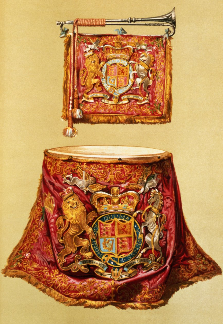 Statstrompet, sannsynligvis George III, og kettledrum, med statiske pynt, fra 