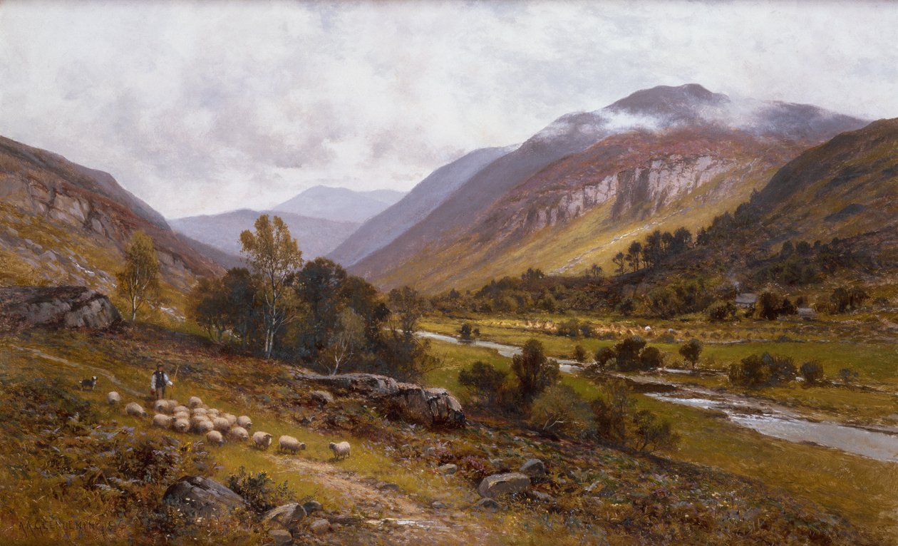 En elvedal med et fjellrikt landskap bortenfor (olje på lerret) av Alfred Jr. Glendening