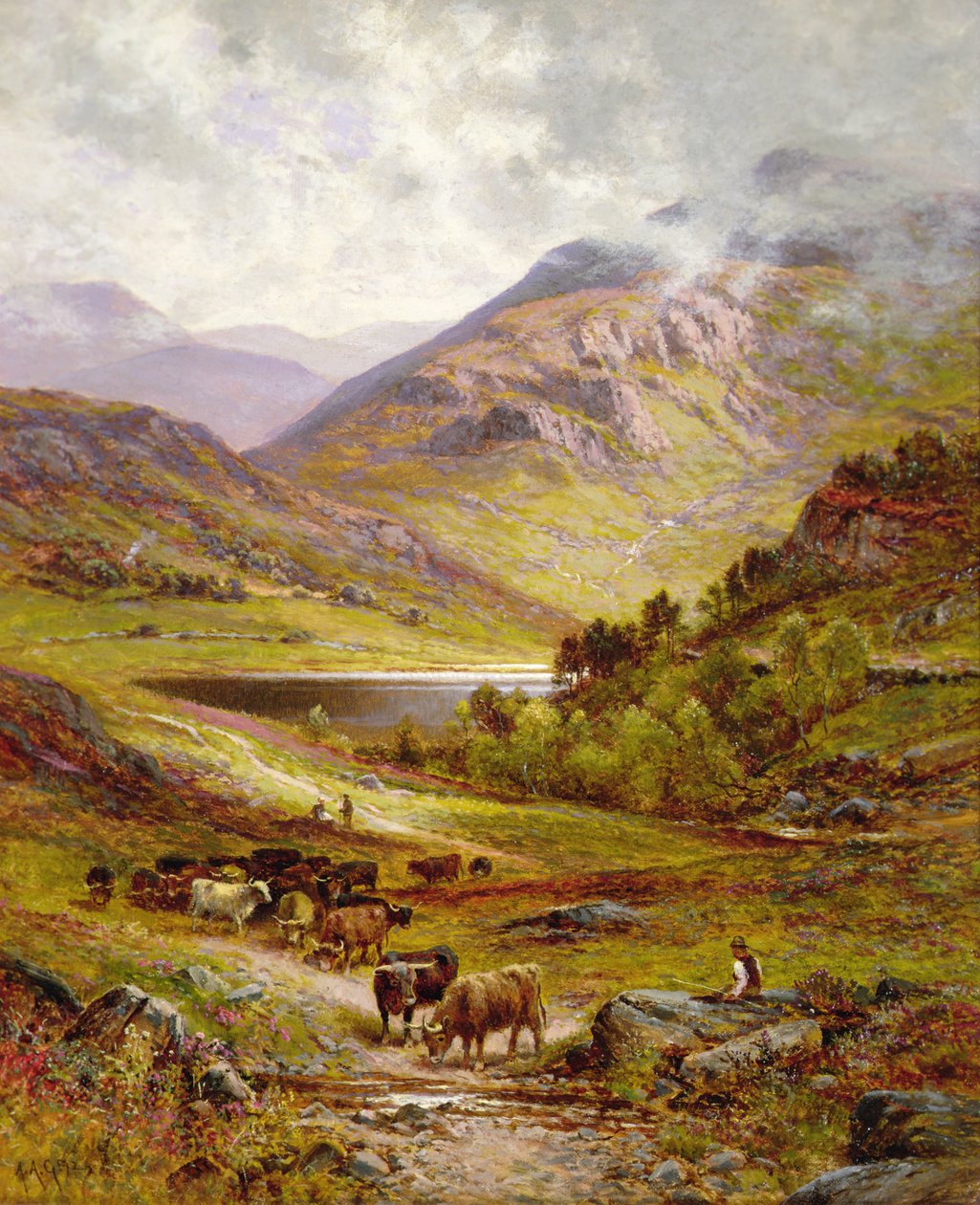 Longhorn storfe i et fjellaktig landskap av Alfred Jr. Glendening