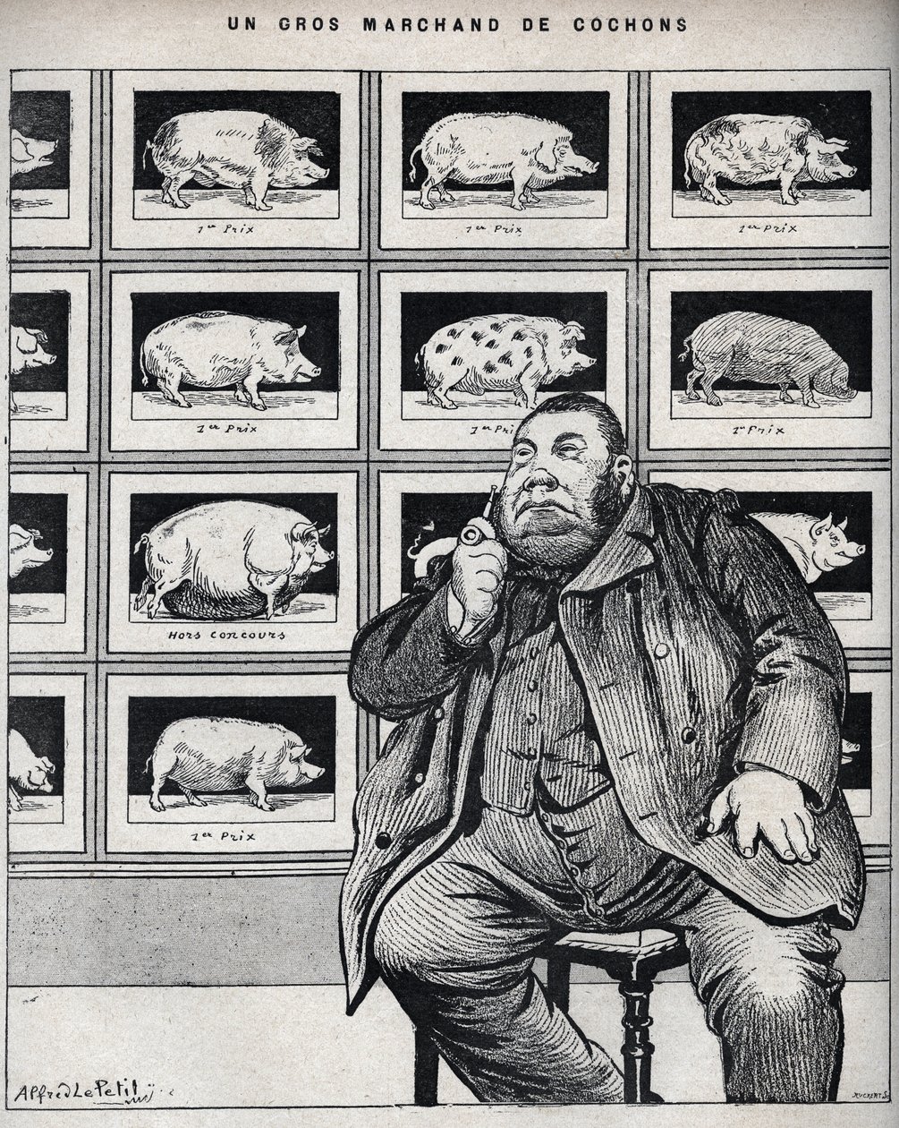 En stor grisehandler - tegneserie i "Le Cochon, souvenirer fra Normandie" 1898 av Alfred Le Petit