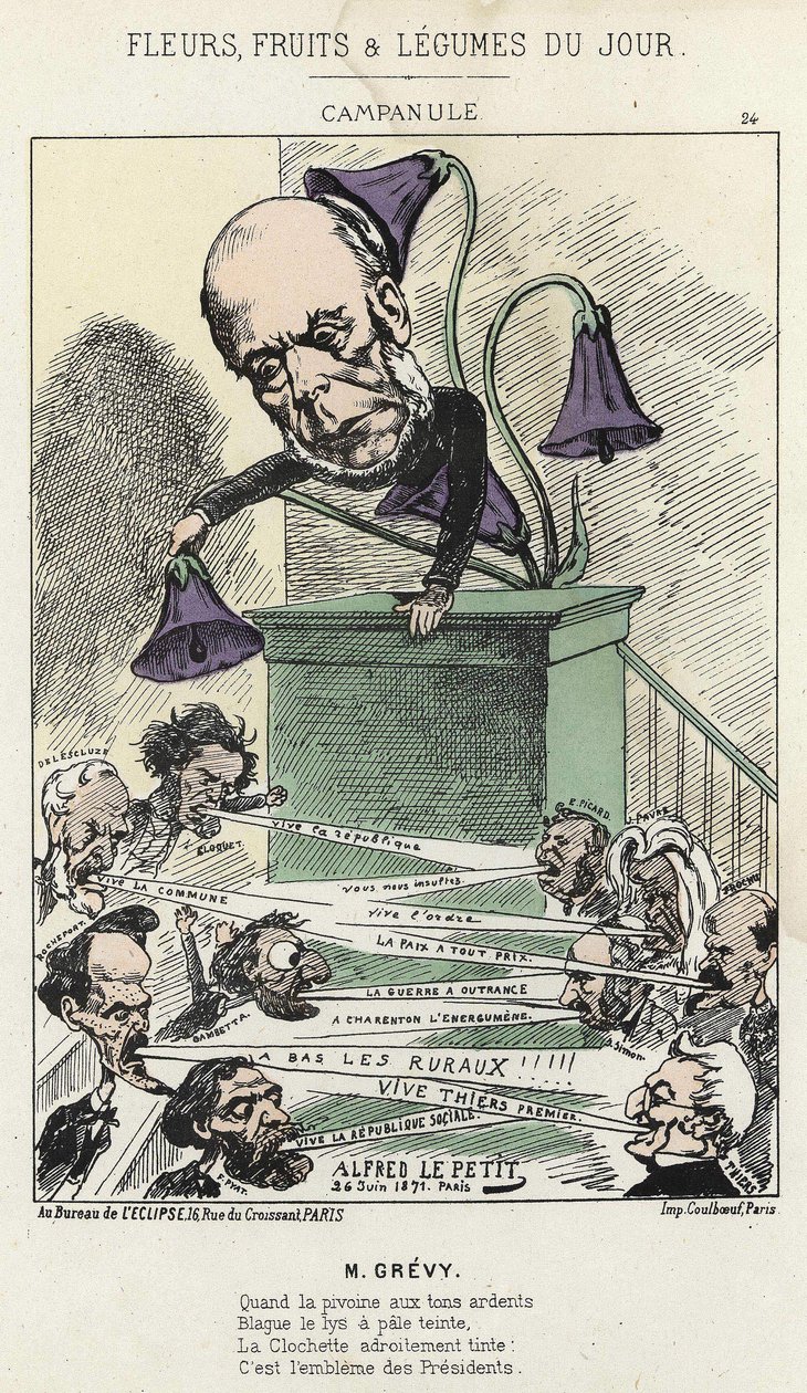 Bellflower: caricature on Grévy - ill. du 26/06/1871 by Alfred Le Petit, in “Fleurs, Fruits et Vegetables du Jour” av Alfred Le Petit