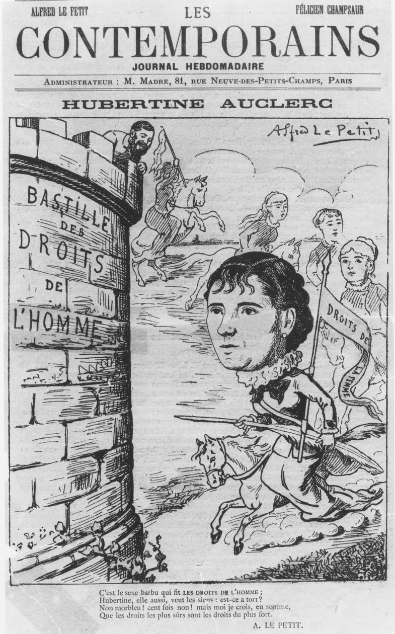 Karikatur av Hubertine Auclerc 1848-1914 fra Les Contemporains magazine, 1890 color litho av Alfred Le Petit