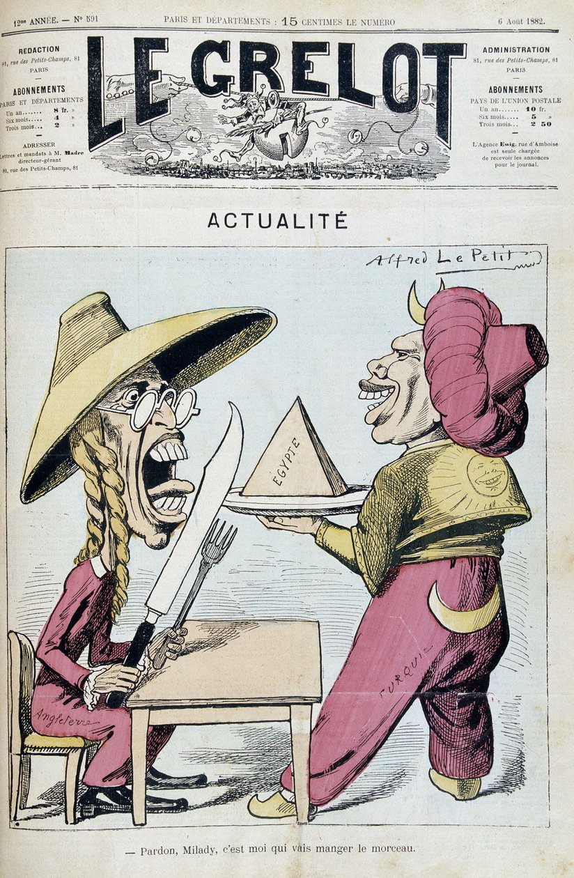 Tegneserie om striden mellom Tyrkia og England om Egypt - av Alfred Le Petitty, i "" Le Grelot"" av 06.08.1892 av Alfred Le Petit
