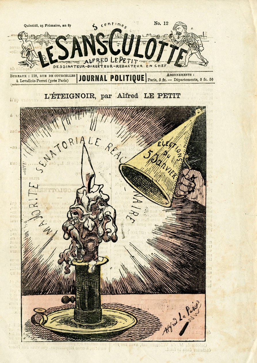 Omslag til “”Le Sans-Panlotte””, nummer 12, satirisk i farger av Alfred Le Petit