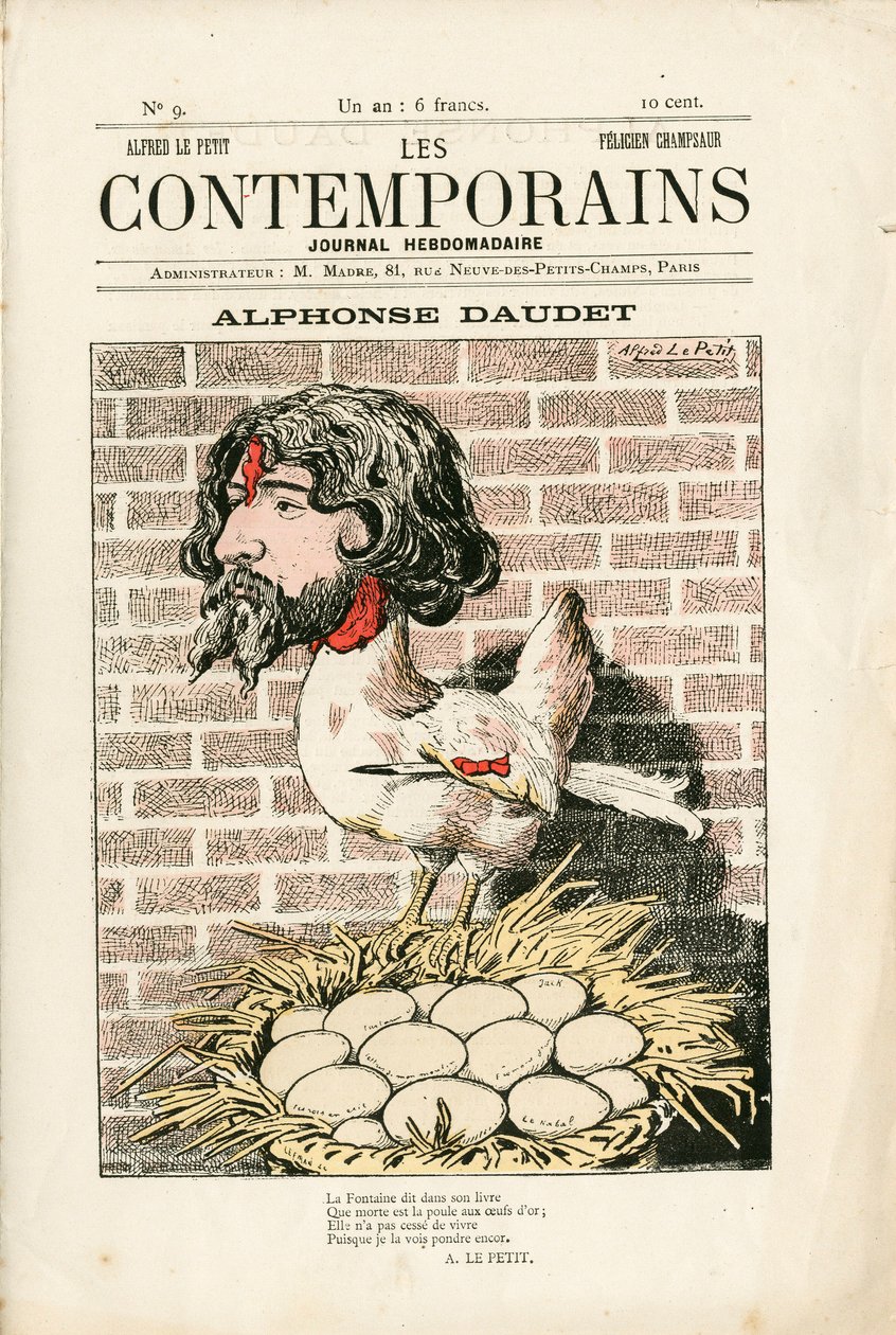 Omslag til “” Les Contemporains””, nummer 9, satirisk i farger: Alphonse Daudet - Litteratur - Houle, Daudet Alphonse - Illustrasjon av Alfred Le Pepetit (1841-1909) av Alfred Le Petit