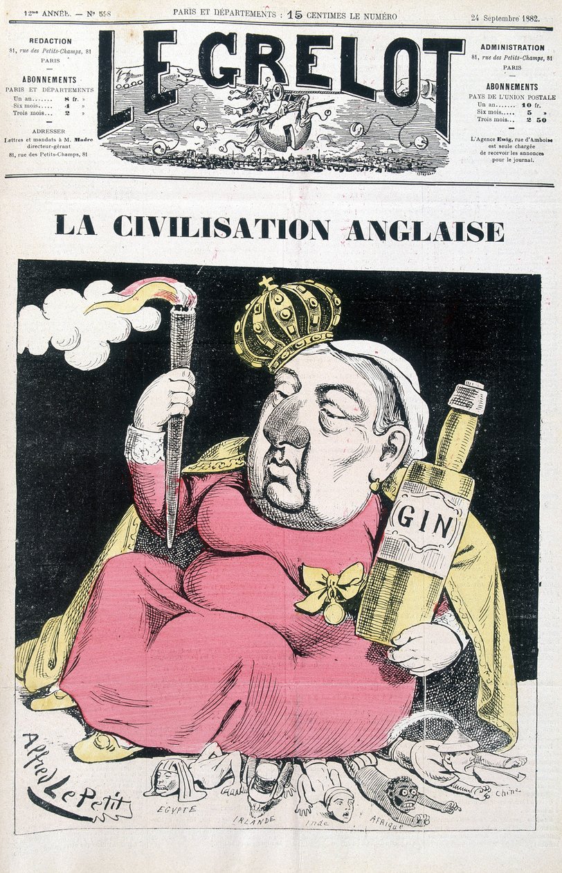 Engelsk sivilisasjon: Victoria, en flaske gin i hånden, sittende på Egypt, Irland, India, Afrika og Kina - av Alfred Le Petitty, i "" Le Grelot"" fra 24.09.1882 av Alfred Le Petit