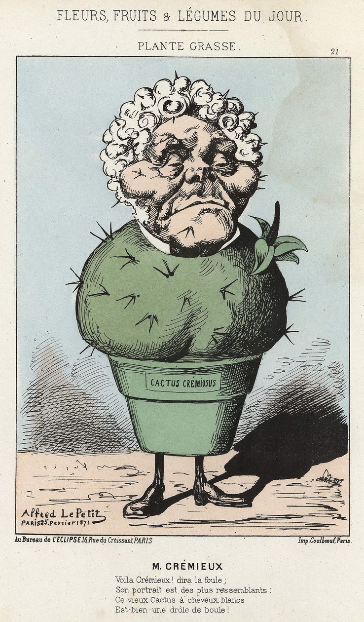 Grasse Plant: Tegneserie om Adolphe Crémieux - ill. fra 25/02/1871 i "Dagens blomster, frukt og grønnsaker" av Alfred Le Petit