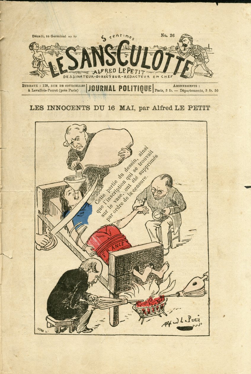 Illustrasjon av Alfred Le Petit (1841-1909) for omslaget til Le Sans-Culotte, ca. 1879 - The Innocents of 16. mai - Censurship, 16. mai av Alfred Le Petit