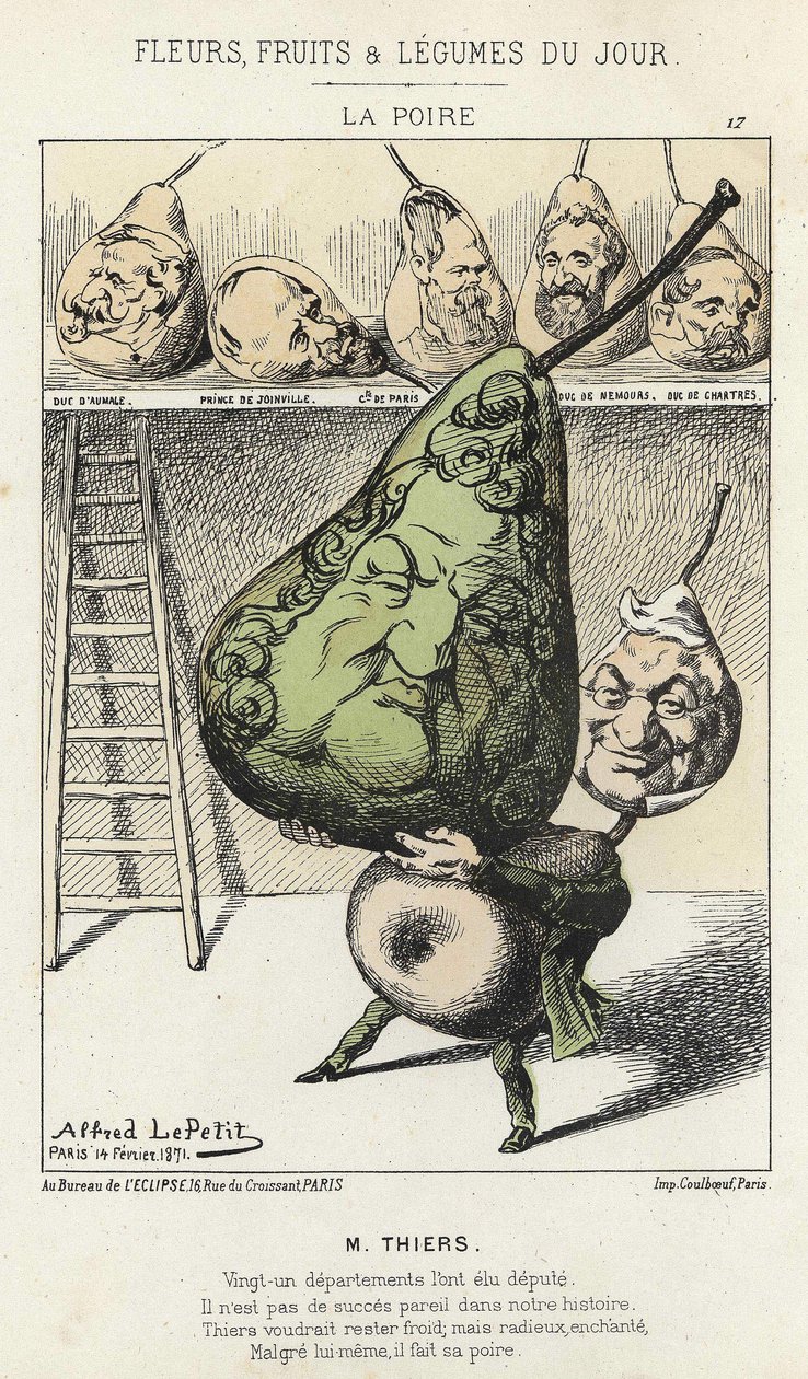 La Peire: Cartoon on Thiers - ill. from 14/02/1871 by Alfred Le Petitty, in “” Flowers, Fruits and Vegetables of the Day””. av Alfred Le Petit