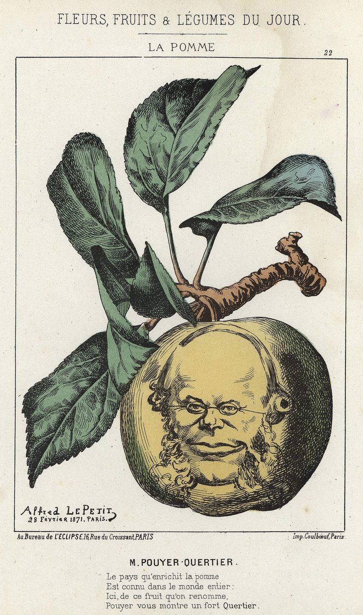 La Pomme: caricature on Pouyer Quertier (Pouyer-Quertier) - ill. from 28/02/1871 in ” Flowers, Fruits and Vegetables of the Day” av Alfred Le Petit