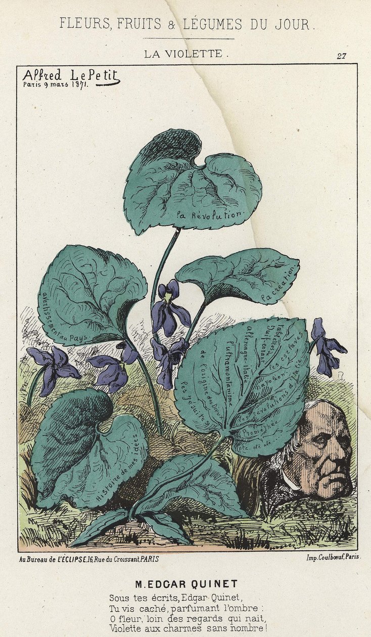 La Violette: Tegneserie om Edgar Quinet - ill. fra 09/03/1871 i «Dagens blomster, frukt og grønnsaker» av Alfred Le Petit