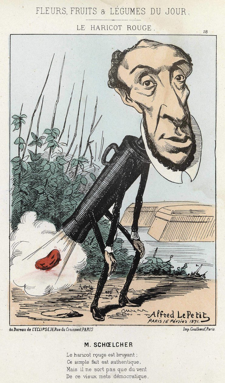 Le Bean rouge: caricature by Victor Schoelcher represents in the train of Peter a bean (fart) - ill. of 16/02/1871 by Alfred Le Petité, in “” Fleurs, Fruits et Vegetables du Jour””. av Alfred Le Petit