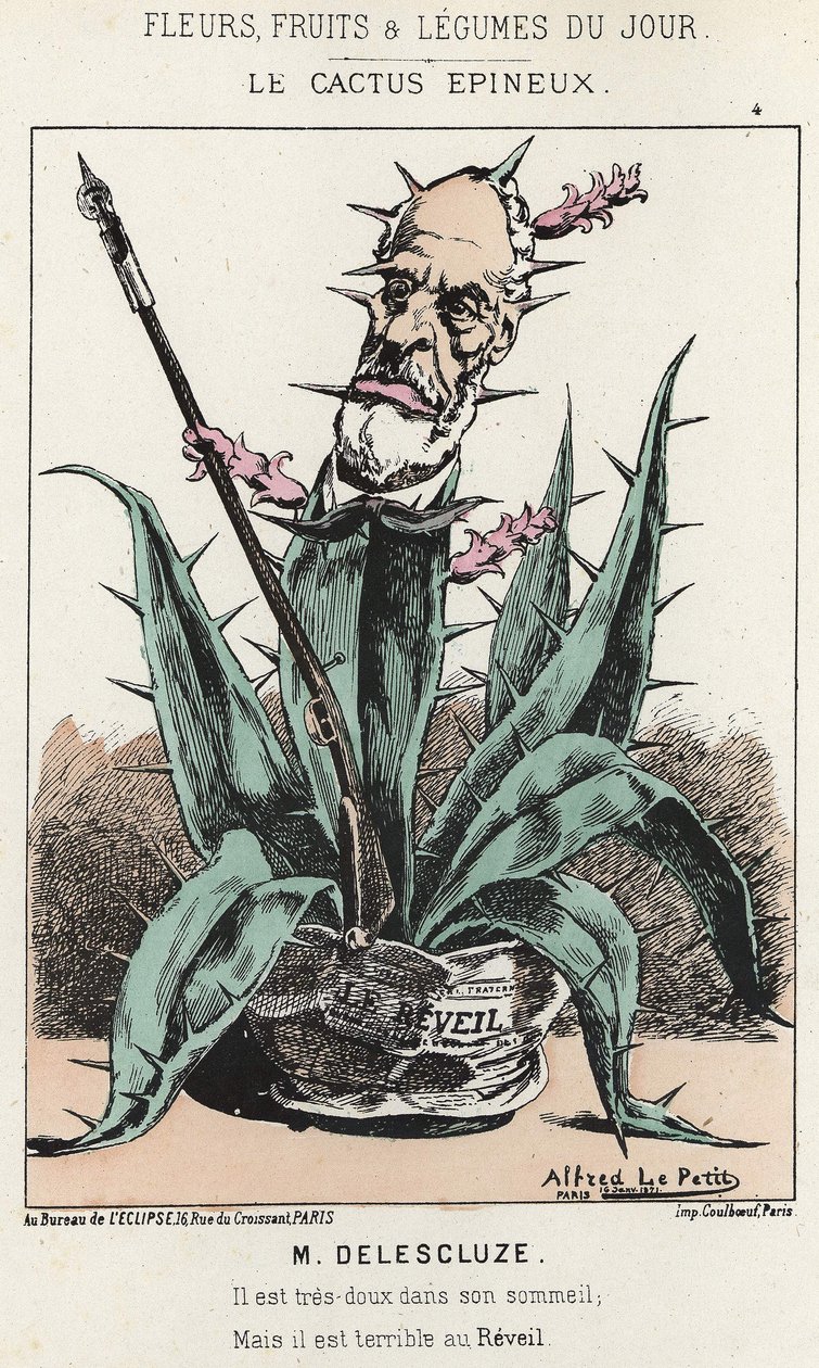 Le Cactus Spineux: Tegneserie om Louis Charles Delescluze (1809 - 1871) - ill. fra 16.01.1871 i "Dagens blomster, frukt og grønnsaker" av Alfred Le Petit