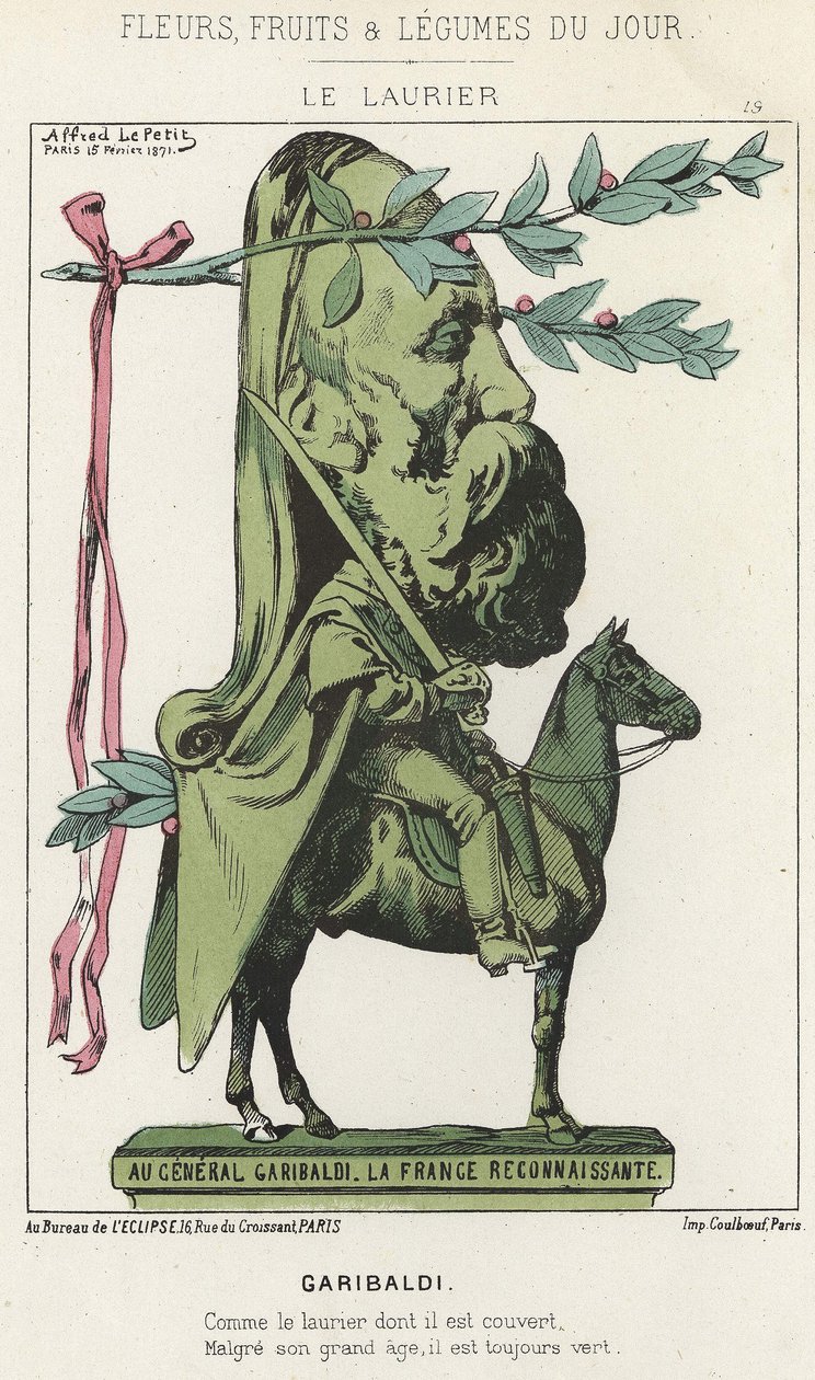 Le Laurier: Tegneserie om Garibaldi - ill. fra 15/02/1871 i "Dagens blomster, frukt og grønnsaker" av Alfred Le Petit