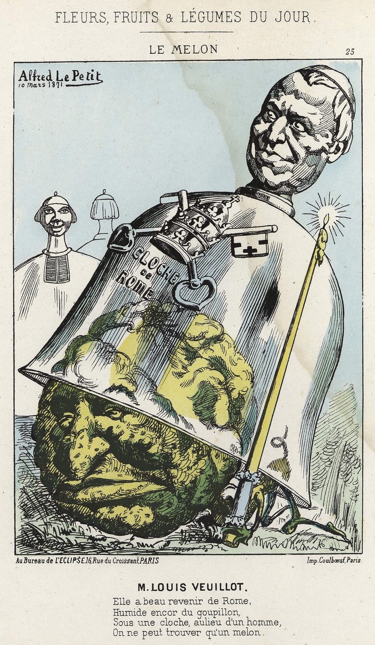 Le Melon: Cartoon on Louis Veuillot - ill. from 10/03/1871 in ”Flowers, Fruits and Vegetables du Jour” av Alfred Le Petit