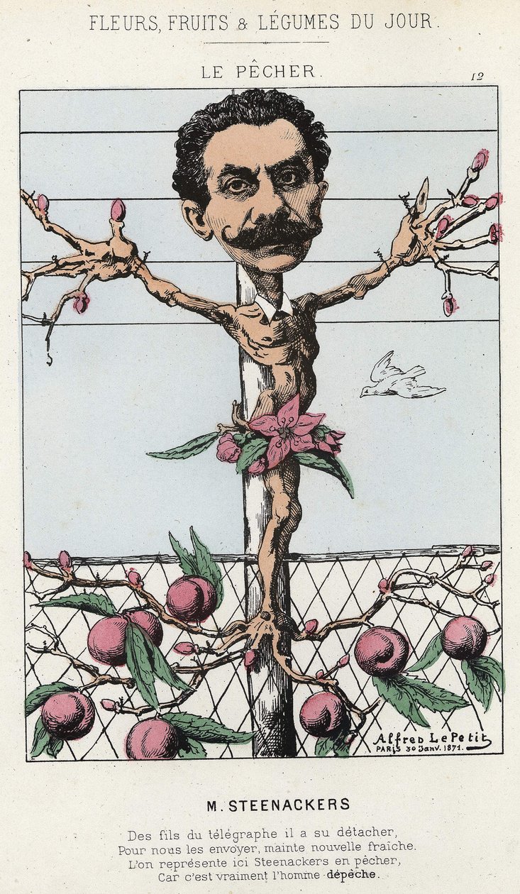 Le Pêcher: Tegneserie om Steenackers - ill. fra 30.01.1871 i "Dagens blomster, frukt og grønnsaker" av Alfred Le Petit