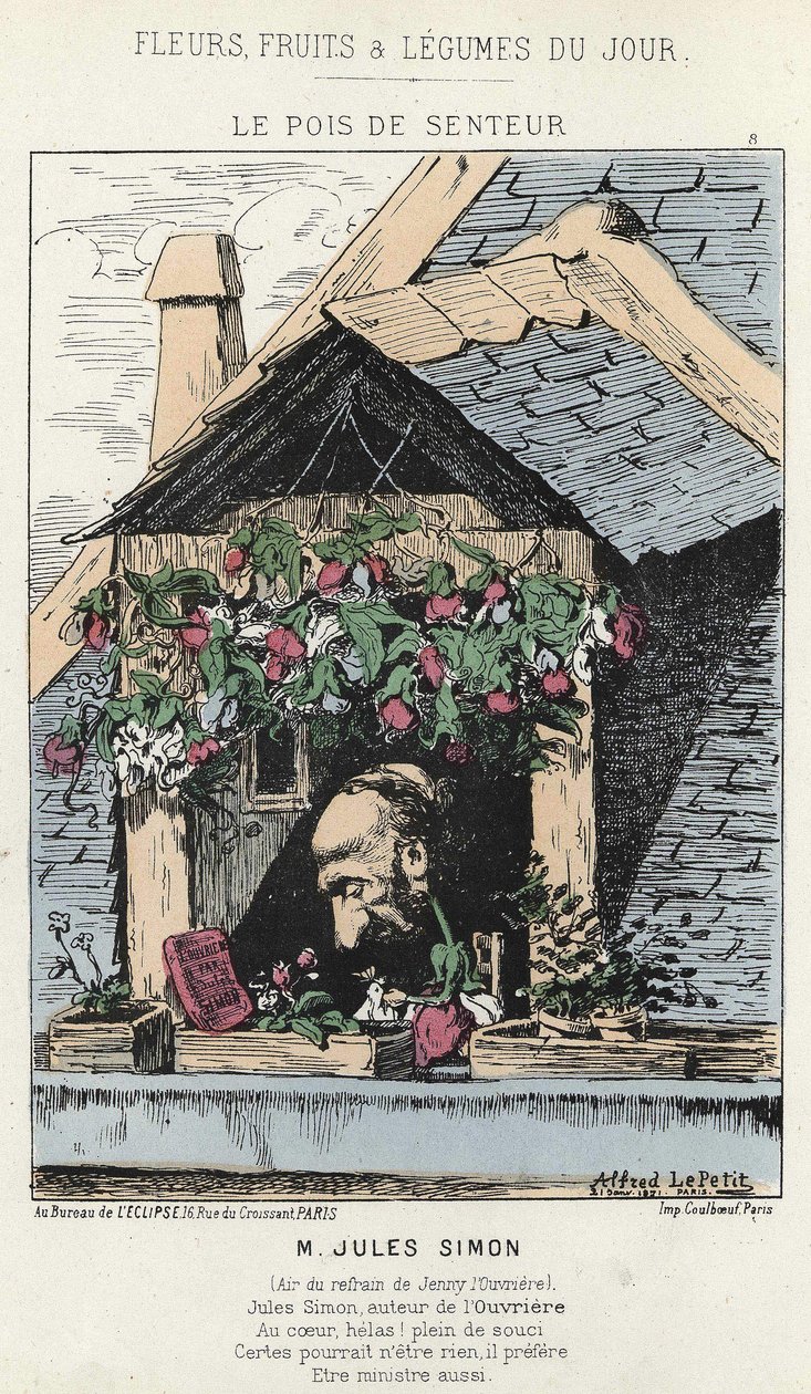 Le Peas de Fragreur: caricature about Jules Simon (1814 - 1896) - ill. from 12/01/187 in ” Flowers, Fruits and Vegetables of the Day” av Alfred Le Petit