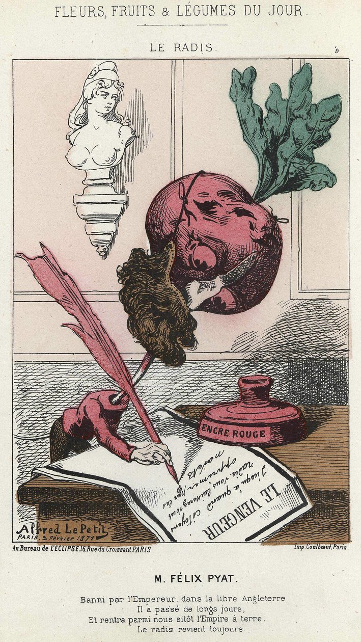 Le Radis: Cartoon on Félix Pyat (1810 - 1889) - ill. of 02/02/187 in ” Flowers, Fruits and Vegetables of the Day” av Alfred Le Petit