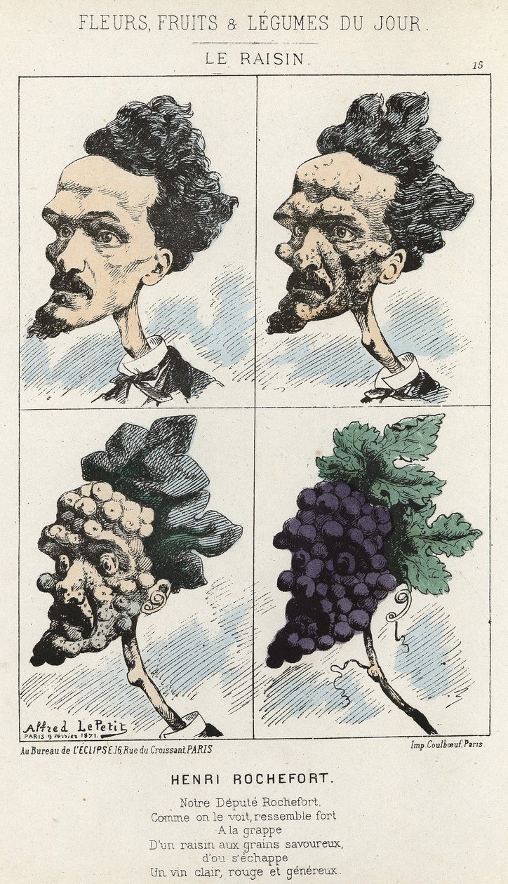 Le Raisin: Cartoon on Henri Rochefort - ill. from 09/02/1871 in ” Flowers, Fruits and Vegetables of the Day” av Alfred Le Petit