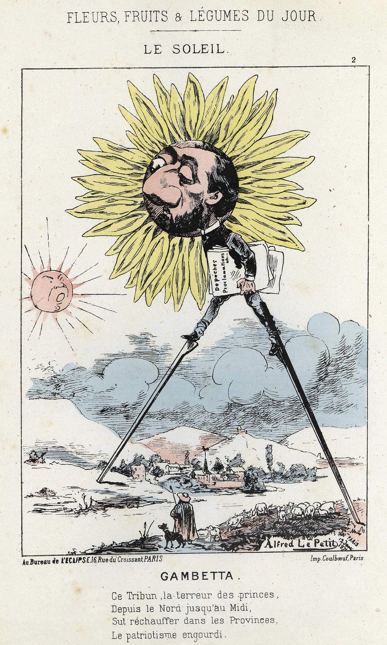 Le Soleil (solsikke): karikatur på Gambetta (1838 - 1882) - ill. fra 12.01.1871 i "Dagens blomster, frukt og grønnsaker" av Alfred Le Petit