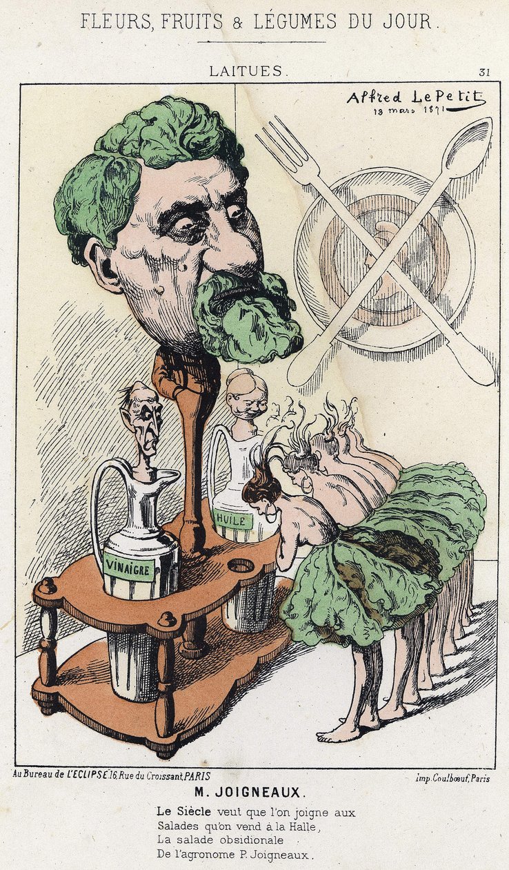 Salat: karikatur på Joigneaux - ill. fra 18/03/1871, i "Blomster, frukt og grønnsaker du Jour" av Alfred Le Petit