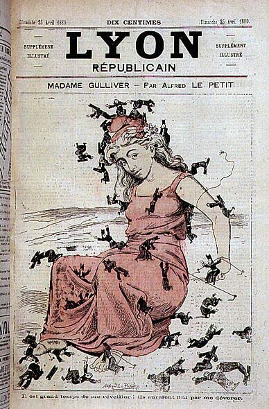 Madame Gulliver: Det er på høy tid å vekke meg: de ville ha spist meg (Marianne stod opp og menn fra presteskapet, i Lilliputians, prøver å binde henne opp) - av Alfred Le Petitty, i "Lyon Républicain"" av 25 /04/1880 av Alfred Le Petit
