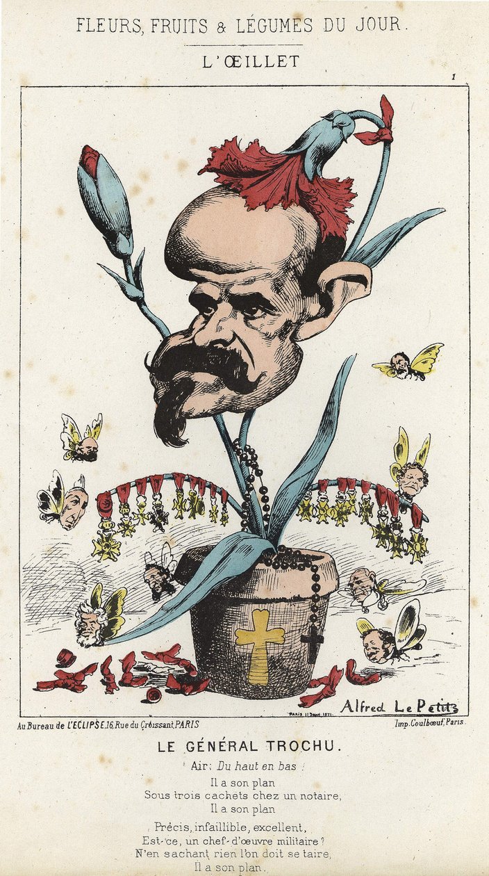 Nelliken: tegneserie om general Louis Jules Trochu (1815 - 1896) - ill. av 11.01.1871 i "Dagens blomster, frukt og grønnsaker" av Alfred Le Petit