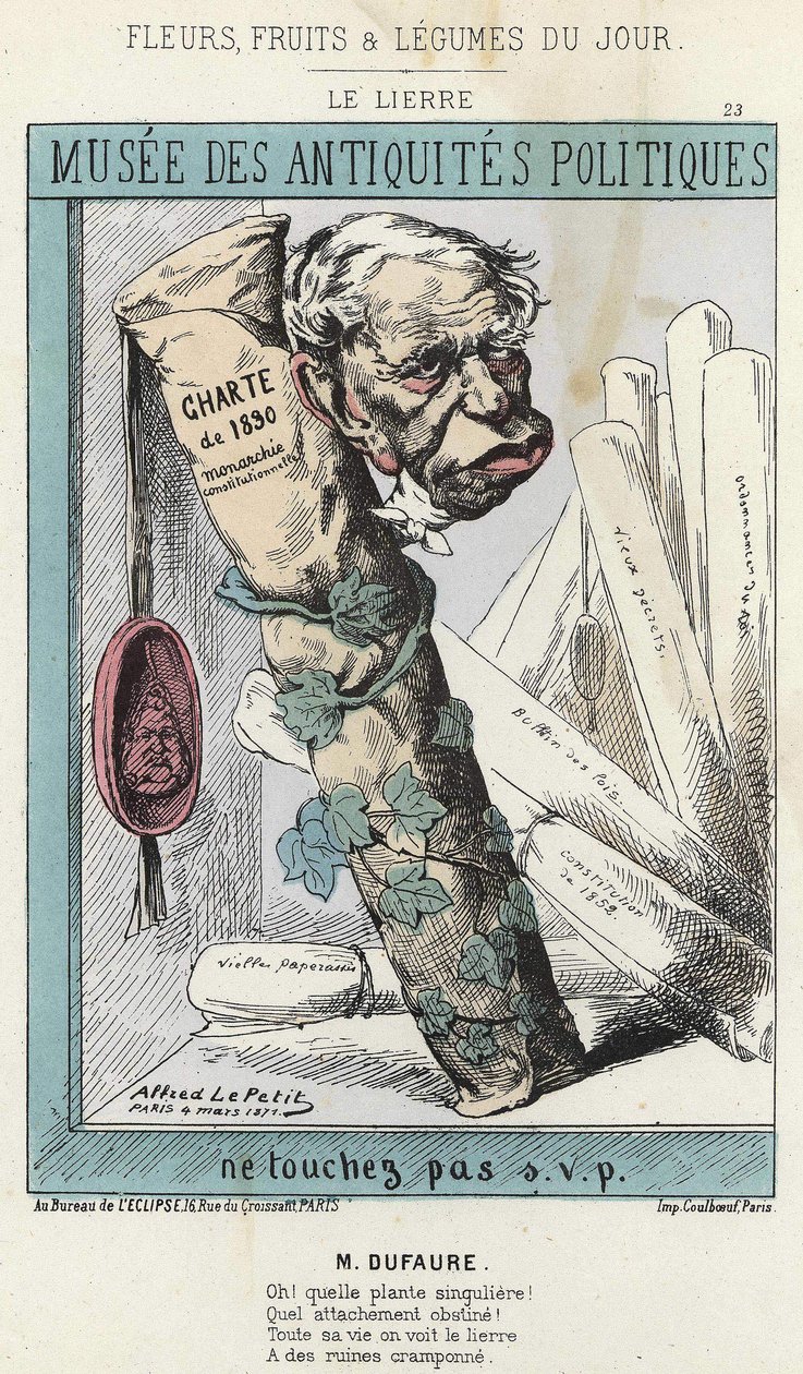 The Ivy: Cartoon on Jules Armand (Jules-Armand) Dufaure (1798-1881) i eføy rundt en papirrull med "Charter of 1830" skrevet på den og et segl med hodet til kong Louis Philippe 1. - jeg vil. av 04/03/1871 i ” Blomster, frukt og grønnsaker fra av Alfred Le Petit