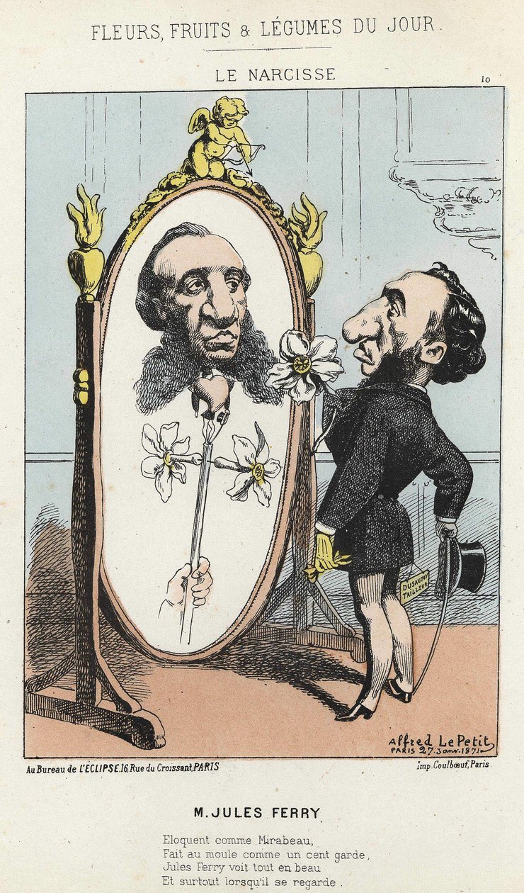 The Narcissus: Cartoon on Jules Ferry - ill. from 27/01/1871 in ” Flowers, Fruits and Vegetables of the Day” av Alfred Le Petit