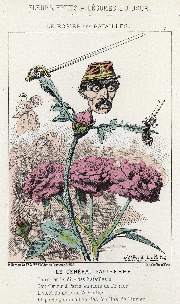 The Rosier des Batailles: tegneserie om general Faidherbe - ill. fra 20.01.1871 i "Dagens blomster, frukt og grønnsaker" av Alfred Le Petit