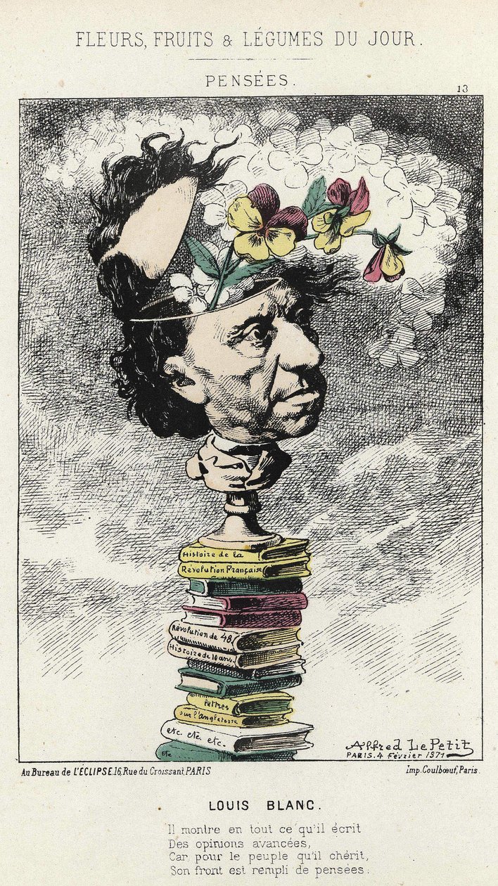 Tanker: Tegneserie om Louis Blanc - ill. fra 04/02/1871 i "Dagens blomster, frukt og grønnsaker" av Alfred Le Petit