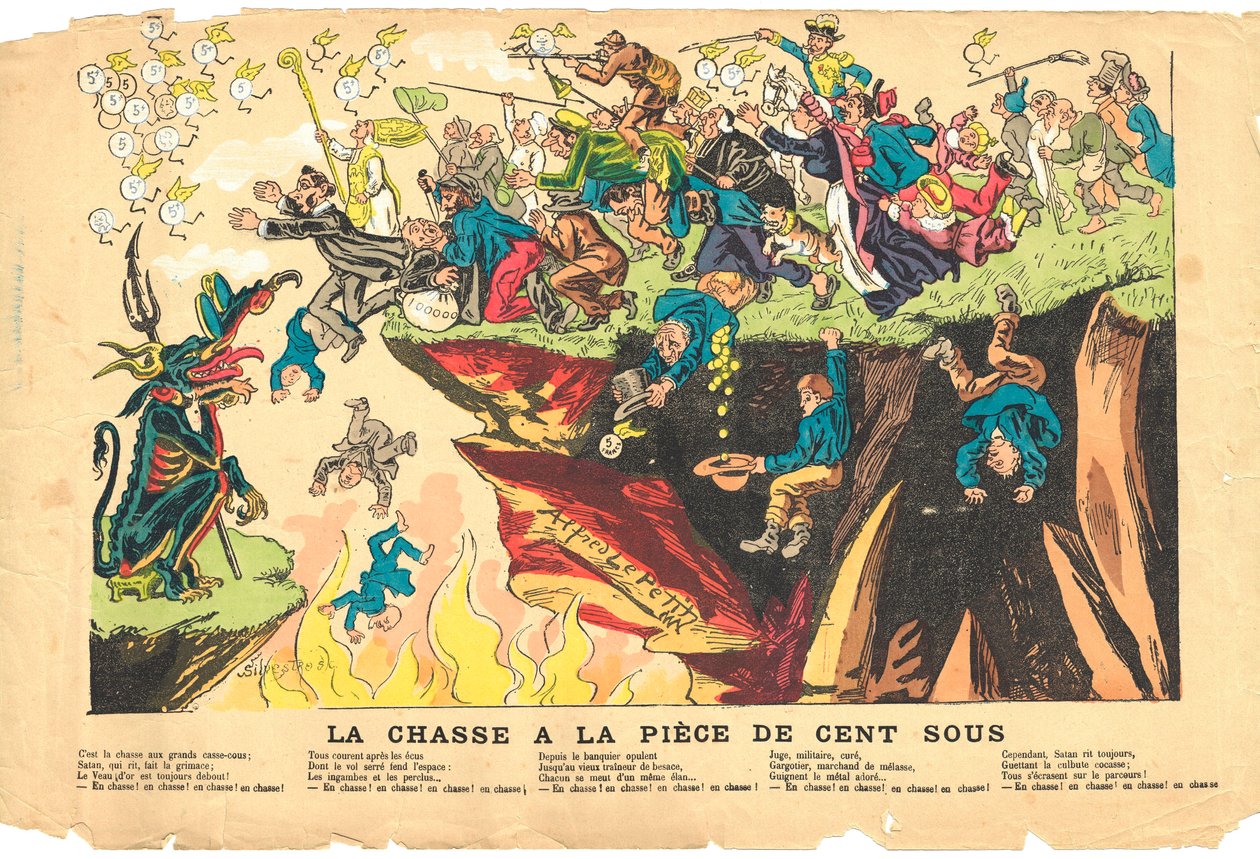 flygende blad, Satirical in Colors, ca. 1878: Jakt på hundre understykker - Sølv - Djevel, Cures Illustrasjon av Alfred Le Pete (1841-1909) av Alfred Le Petit