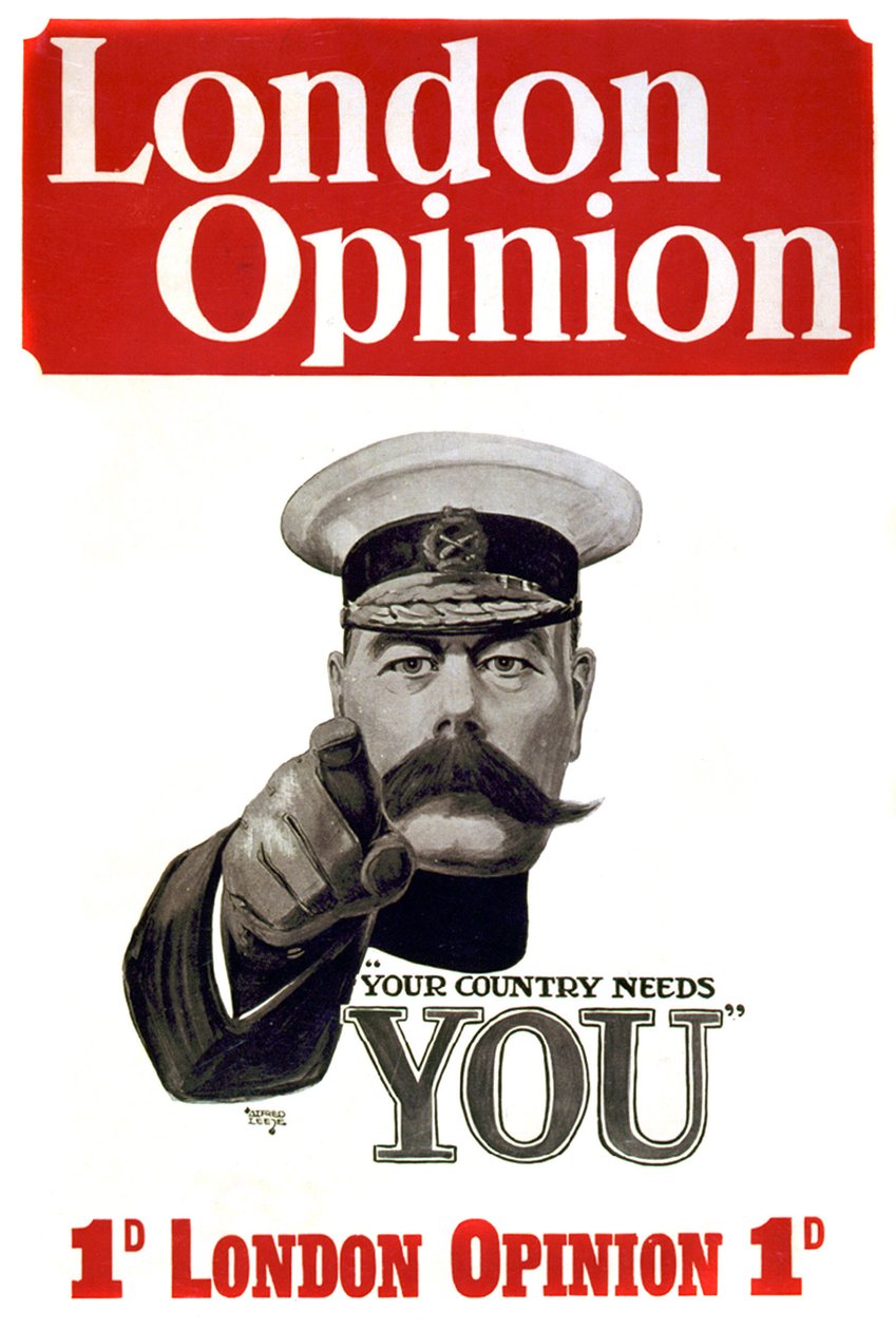 Første verdenskrig: plakat for rekruttering av britiske soldater: Kommandør Lord Horatio Herbert Kitchener fra Khartoum (1850-1916), britisk soldat og statsmann som peker på militære potensialer "Landet trenger deg" Tegning av Alfred Leete (1882-1933) 191 av Alfred Leete