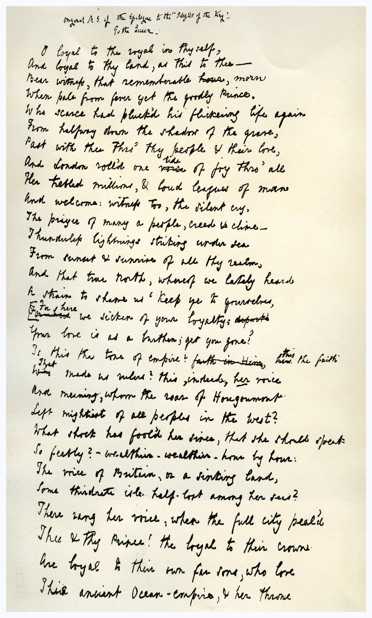 Originalt manuskript av epilogen til kongens idyller, c1872. av Alfred Lord Tennyson