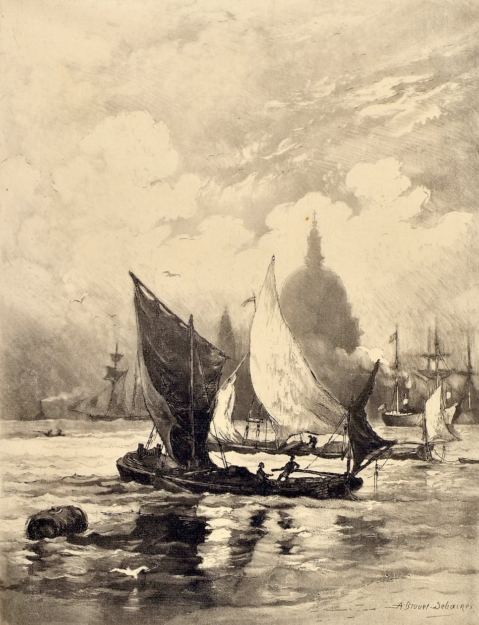 Themsen under London Bridge (akvatint) av Alfred Louis Brunet Debaines