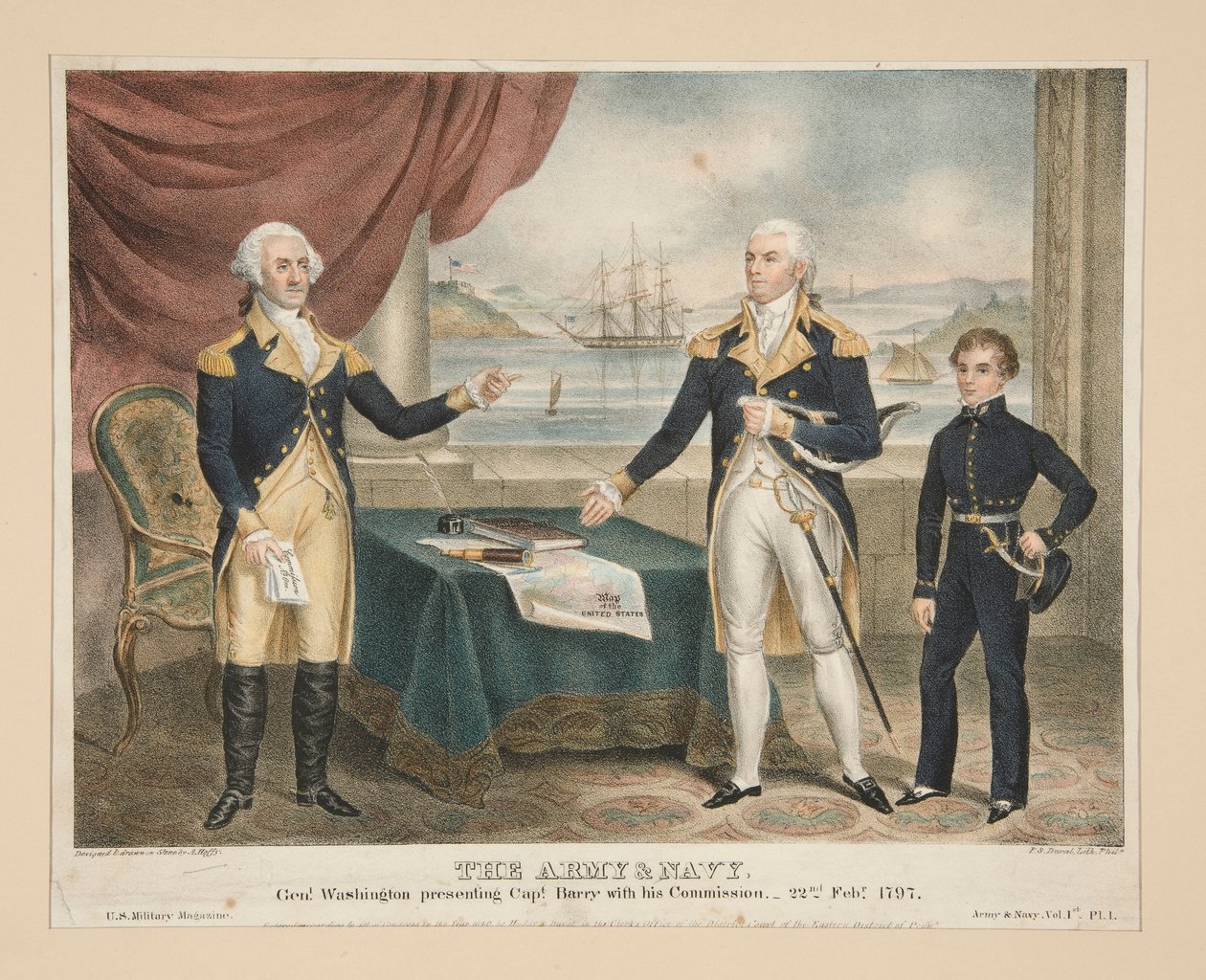 Hæren og marinen, genl. Washington presenterer kaptein Barry med sin kommisjon av Alfred M. Hoffy