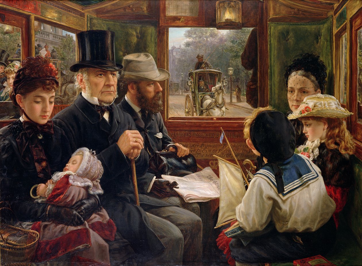 En omnibustur til Piccadilly Circus, Mr Gladstone på reise med vanlige passasjerer, 1885 av Alfred Morgan