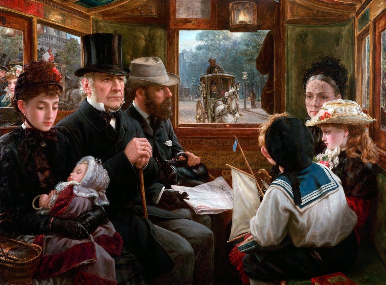 En Omnibus-tur til Piccadilly Circus Mr Gladstone på reise med vanlige passasjerer, 1885. av Alfred Morgan
