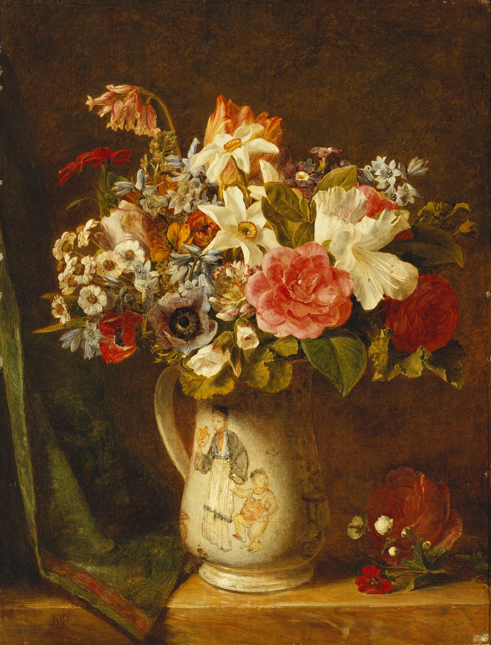 Roser, narcissi og andre blomster i en vase, av Alfred Morgan