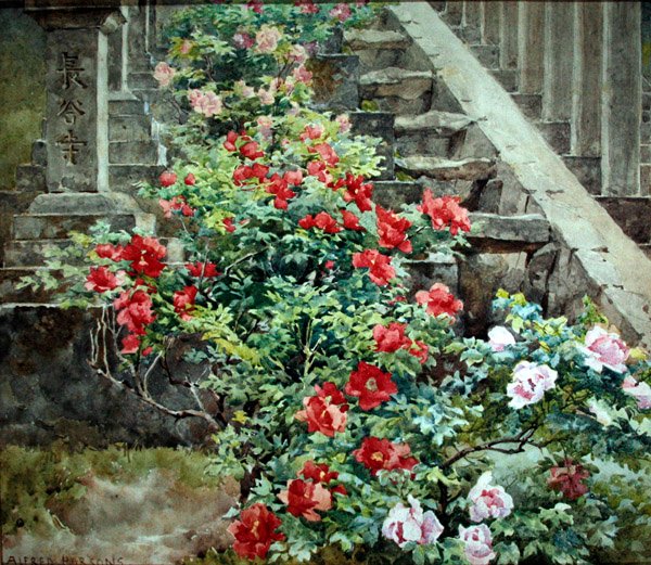 Trepioner ved Hase Dera - trinn til Kwannon Temple, Japan (akvarell med kroppsfarge på papir) av Alfred Parsons