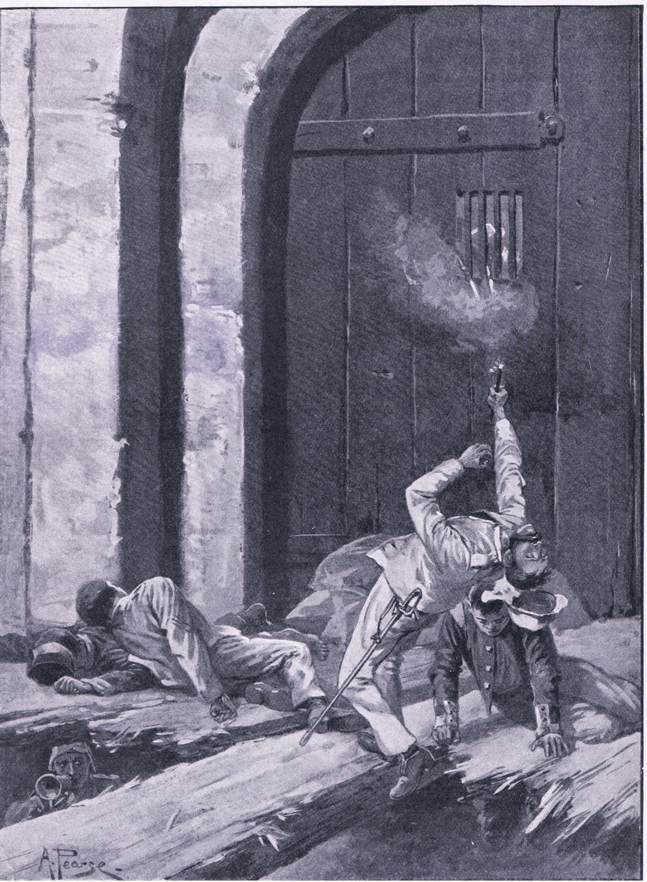 Delhi: Løytnant Salkeld, Bengal-ingeniører sprenger Kashmir-porten, illustrasjon fra British Battles on Land and Sea, 1915 av Alfred Pearse