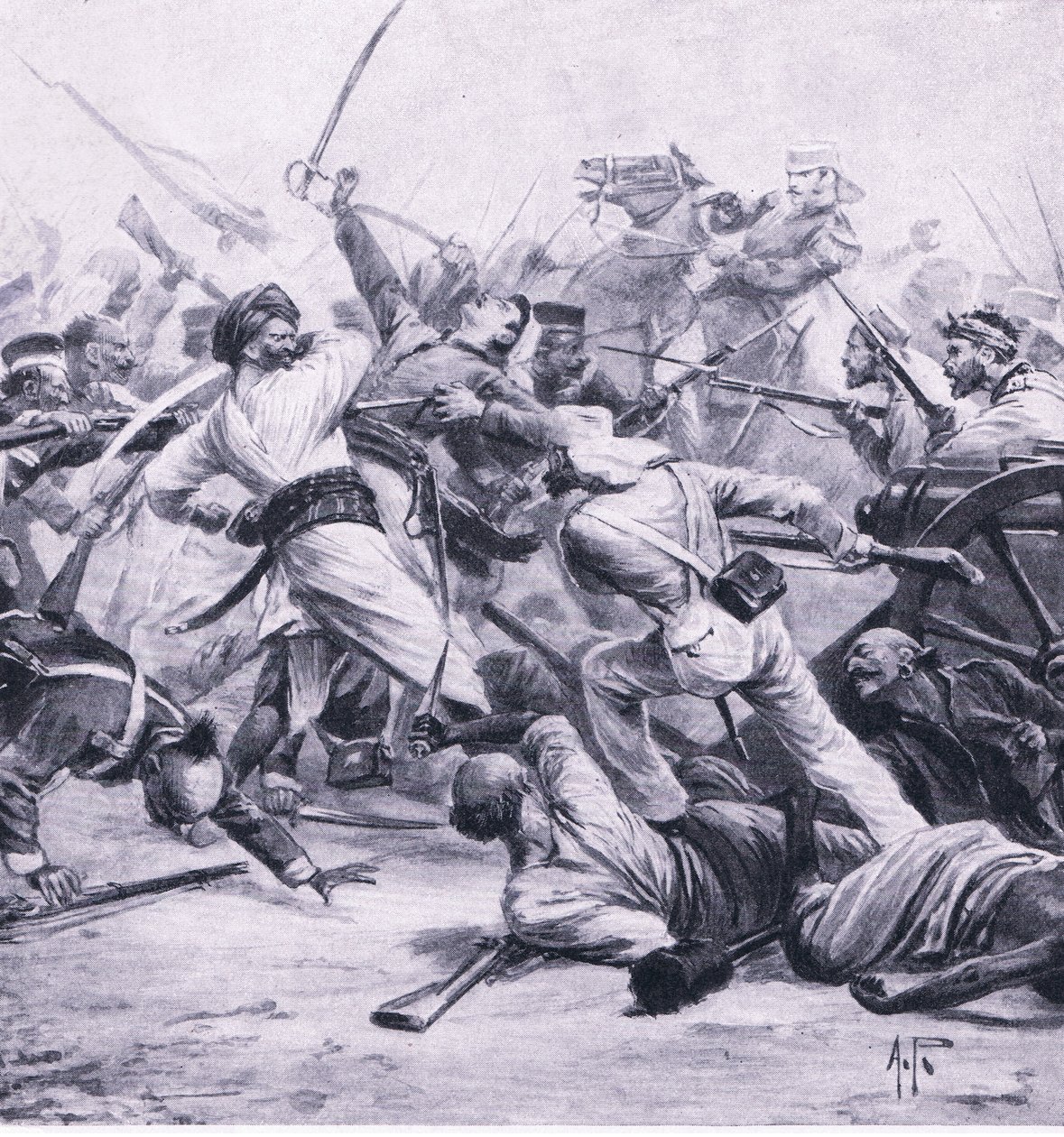 Nicholsons nederlag for opprørerne ved Najafgarh, 2. august 1857, illustrasjon fra British Battles on Land and Sea, 1915 av Alfred Pearse