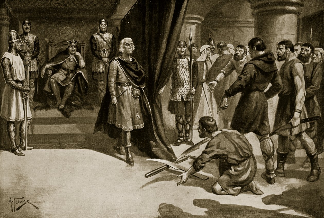 Bønder slenger ned plogskjærene sine ved føttene til Henry I, illustrasjon fra 'Hutchinson's Story of the British Nation', ca. 1920 (litho) av Alfred Pearse
