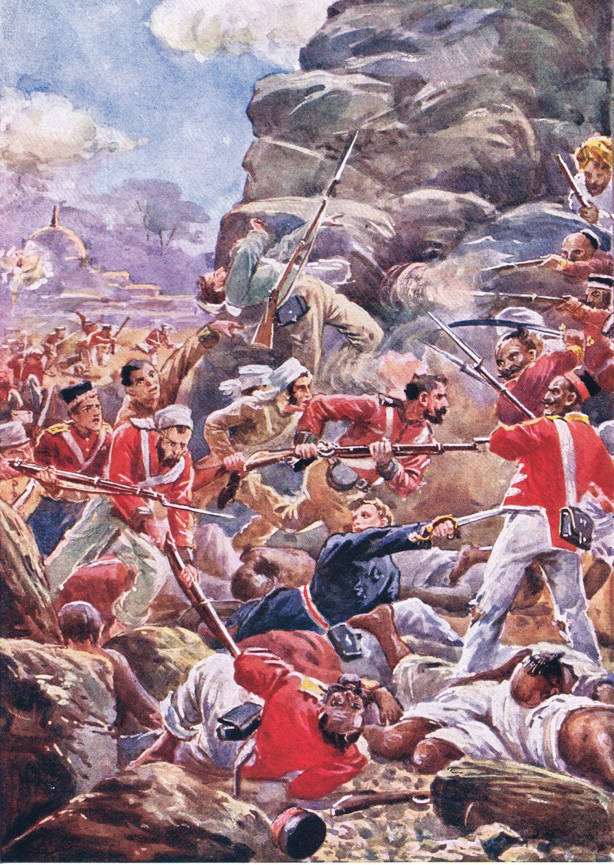 Beleiringen av Delhi: Storming the breach, illustrasjon fra British Battles on Land and Sea, 1915 av Alfred Pearse