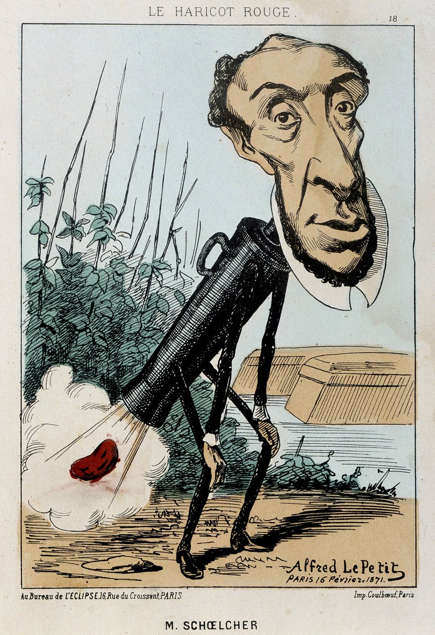 Le Bean rouge: karikatur av Victor Schoelcher representert i toget til Peter en bønne (prutt) - ill. av 16/02/1871 i "Fleurs, Fruits et Vegetables du Jour" av Alfred Petit