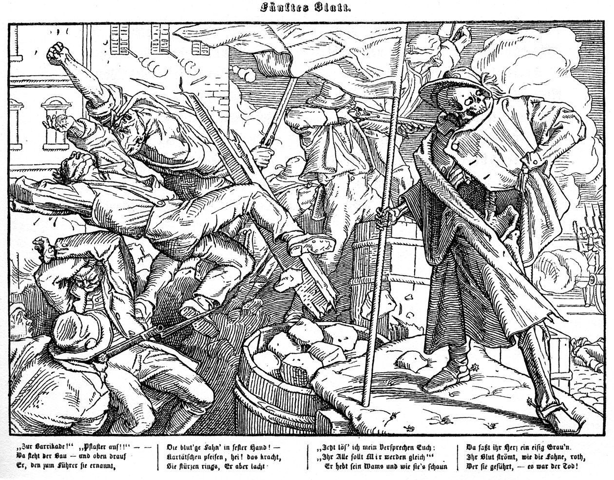 Totentanz 1848: Døden leder revolusjonære borgere av Alfred Rethel