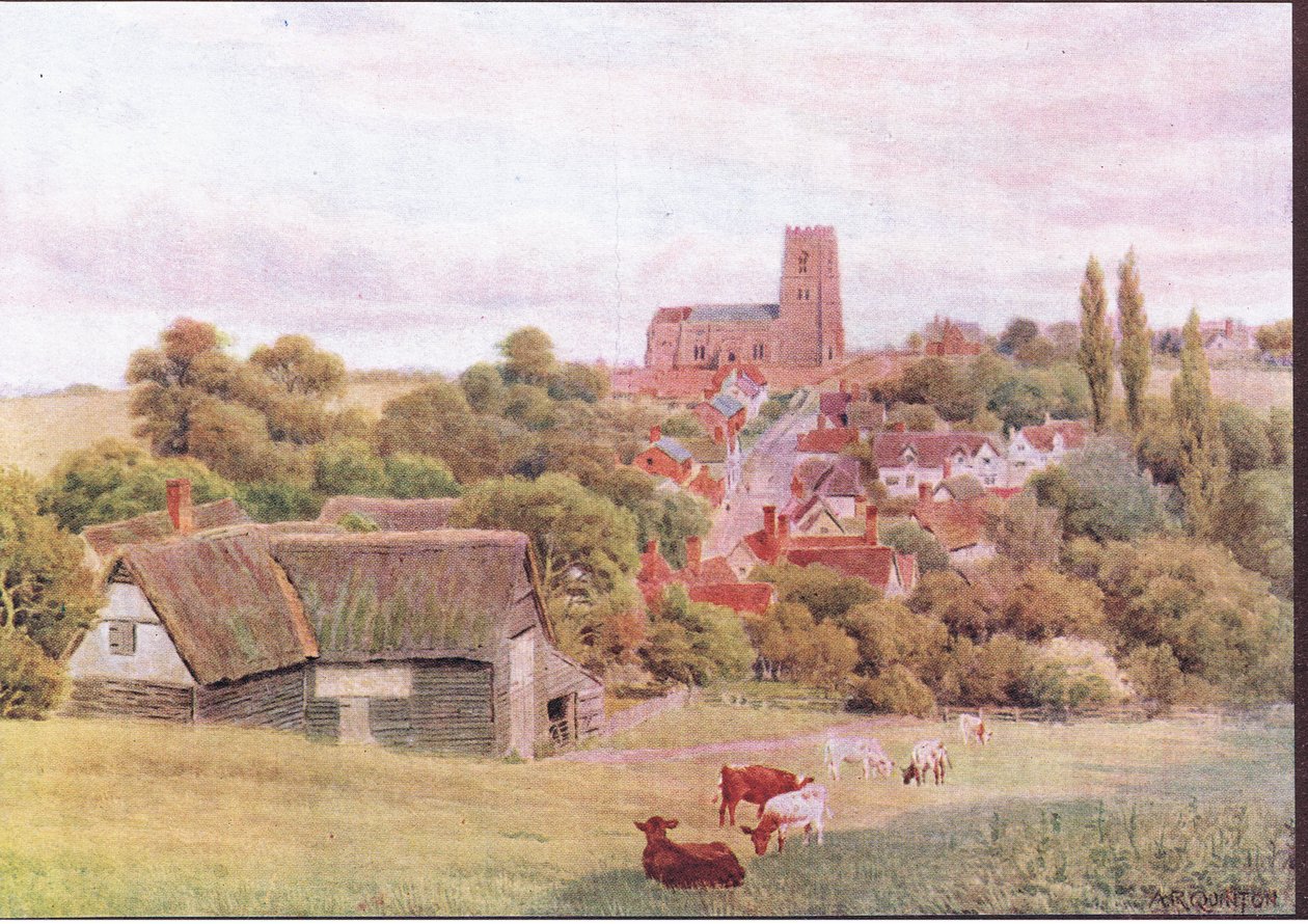 The Church on the Hill, Kersey, Suffolk, fra The Cottages and the Village Life of Rural England utgitt av Dent & Sons Limited, 1912 av Alfred Robert Quinton